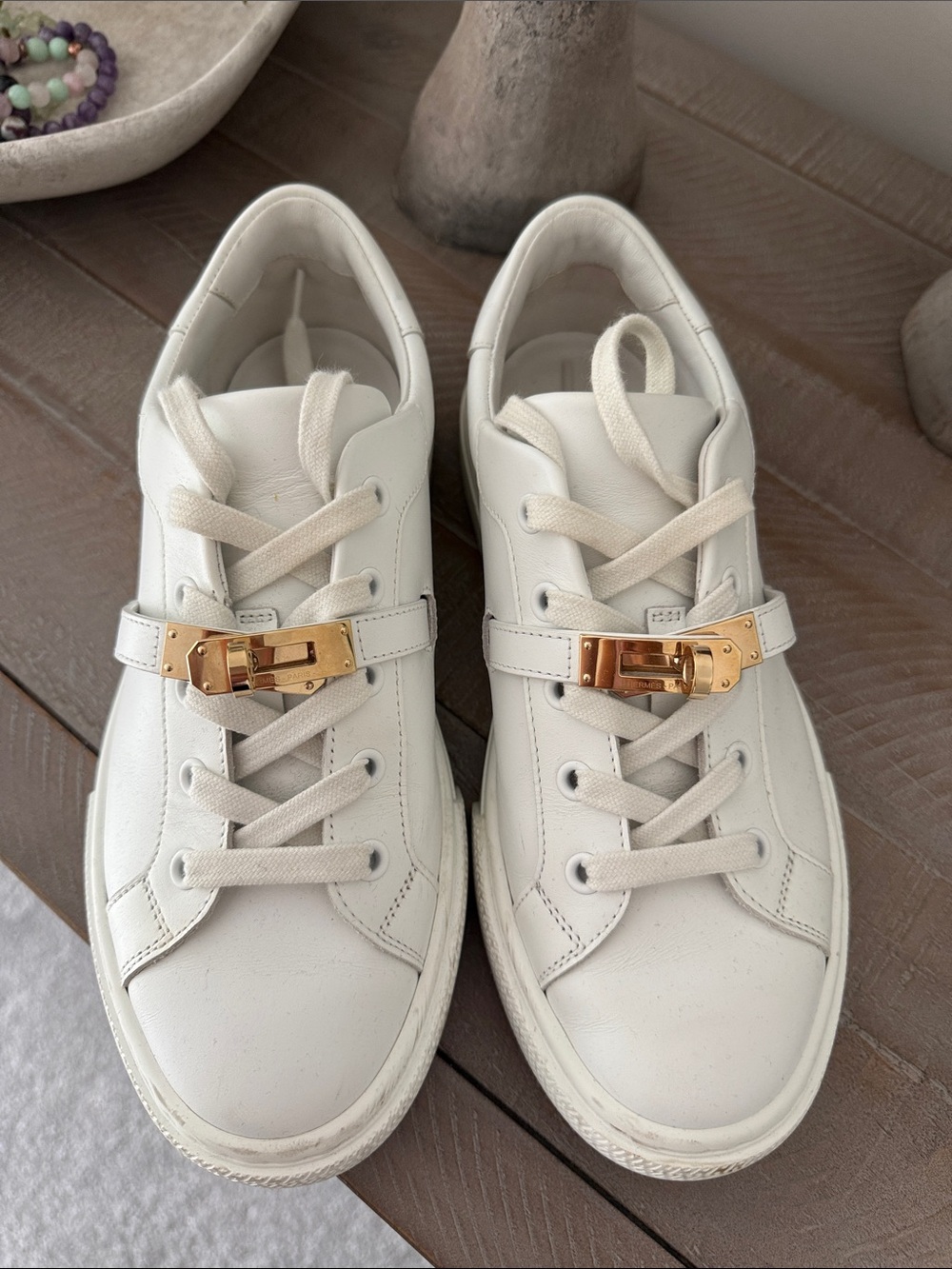 Hermes White Leather Sneakers with Gold Hardware